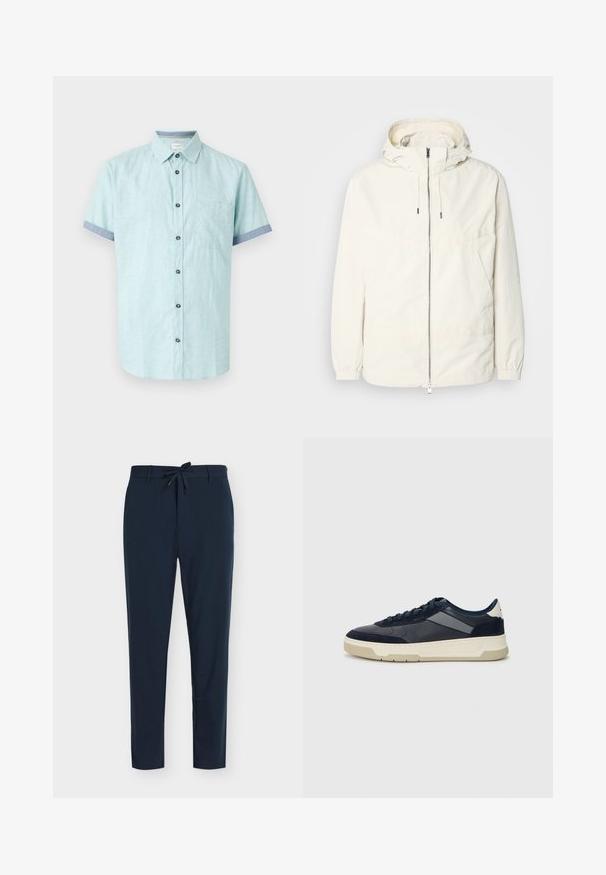 Giacca leggera di colore crema con cappuccio, chiusura frontale con zip, polsini elastici e tasca a marsupio. Tessuto liscio con dettagli di cucitura minimi.; Camicetta a maniche corte di colore azzurro chiaro, realizzata in misto lino, con taschino sul petto, bottoni scuri e polsini blu a contrasto.; Pantaloni blu navy in tessuto liscio con vita a coulisse, caratterizzati da motivo a righe verticali sottili e design con gamba affusolata.; BOSS BALTIMORE - Sneakers basse - open blue