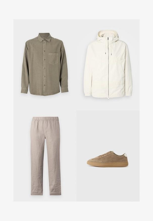 Chaqueta ligera de color crema con capucha, cierre de cremallera en la parte delantera, puños elásticos y un bolsillo tipo canguro. Tejido suave con detalles de costura mínimos.; Camisa de manga larga y botonada en tejido verde oliva. Presenta un bolsillo en el pecho, cuello clásico y puños abotonados. Textura suave con un ajuste relajado.; Pantalones de lino color beige claro con cintura elástica, diseño de pierna recta y sin bolsillos visibles. Textura suave con ligeras arrugas.; Zapatillas de ante en marrón claro con una suela de goma. Presentan un diseño con cordones y un estilo minimalista, acentuado por una lengüeta en el talón blanca.