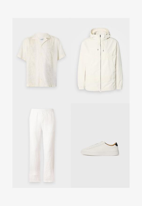 Lehká, krémově zbarvená bunda s kapucí, zipem vpředu, elastickými manžetami a klokaní kapsou. Hladká látka s minimem švových detailů.; Košile s krátkým rukávem, světle béžové, s límečkem a jemně vyšitými listovými vzory na obou stranách, zapínání na knoflíky vpředu.; Bílé lněné kalhoty s elastickým pasem, rovný střih a mírně texturovaná tkanina. Žádné vzory ani další detaily.; Bílá teniska s hladkým koženým svrškem, kulatou špičkou a plochou podrážkou. Černý akcent na patě, se tónovými tkaničkami a minimalistickým logem.