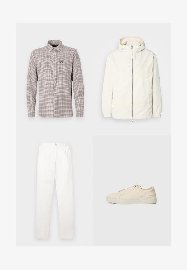 Leichte, cremefarbene Jacke mit Kapuze, Reißverschluss vorne, elastischen Bündchen und einer Kängurutasche. Glattes Gewebe mit minimalen Nähdetails.; Kariertes Button-Down-Hemd in Beige und Braun, mit langen Ärmeln, Kragen und einem kleinen gestickten Logo auf der Brusttasche.; Weiße Hose aus glattem Gewebe, mit geradem Bein, Vorderfalten und einem einzelnen Knopfverschluss an der Taille.; Beige Leder Sneaker mit runder Zehenpartie, minimalistischem Design, subtilen Nähten und strukturiertem Obermaterial auf einer hellen Sohle.