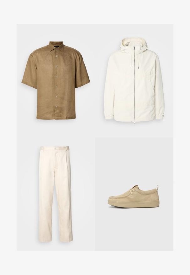 Lekka, kremowa kurtka z kapturem, zapinana na zamek, z elastycznymi mankietami i kieszenią typu kangur. Gładki materiał z minimalnymi detalami szwów.; Koszula z krótkim rękawem zapinana na guziki z jasnobrązowego lnu o teksturowanym wykończeniu, z klasycznym kołnierzykiem i sześcioma guzikami z przodu.; Beżowe bawełniane spodnie o prostym kroju nogawki, z zapięciem na guziki i plisami z przodu dla dodatkowego zdobienia.; Beżowe zamszowe buty wsuwane z okrągłym noskiem, minimalnym przeszyciem i gumową podeszwą. Miękka tekstura z subtelnym akcentem marki przy pięcie.
