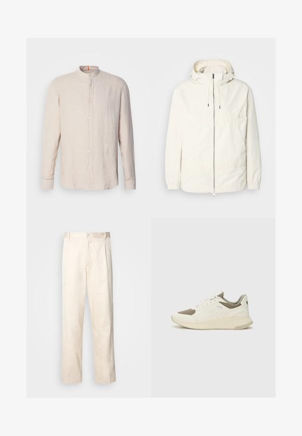 Kevyt, kermaisen valkoinen takki, jossa on huppu, vetoketjusuljenta, joustavat hihansuut ja kengurupocket. Sujuva kangas, jossa on minimaalista ompelutapaa.; Vaaleanbeige pellavapaita pitkillä hihoilla, jossa on kauluspanta, edessä nappisuljenta ja hienovarainen tekstuuri. Kaulan ympäri oranssi yksityiskohta.; Vaaleanbeige puuvillahousut, joissa on suora lahje, varustettu nappisulkeisella ja etupuolella olevilla laskoksilla lisäyksinä.; Valkoinen ja vaaleanbeige urheilukengät, joissa on verkkomateriaali yläosa, rei'itettyjä yksityiskohtia ja teksturoitu välipohja, jossa on brändäys kantapäässä.