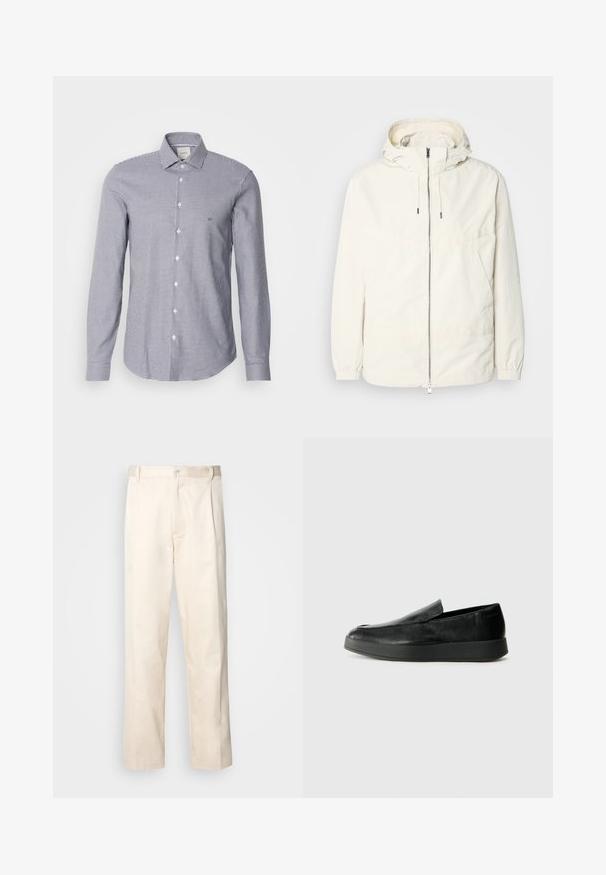 Ελαφριά, κρεμ τζάκετ με κουκούλα, φερμουάρ μπροστά, ελαστικούς μανσέτες και τσέπη καγκουρό. Λείο ύφασμα με ελάχιστες ραφές.; Πουκάμισο με κουμπιά σε ναυτικό και λευκό καρό σχέδιο; μακριά μανίκια, pointed collar, καμπυλωτό στρίφωμα, ελαφρύ ύφασμα, με τσέπη στο στήθος.; Μπεζ βαμβακερό παντελόνι με ίσια γραμμή, διαθέτει κουμπί κλεισίματος και πτυχές στο μπροστινό μέρος για επιπλέον λεπτομέρεια.; Calvin Klein HYBRID CUP - Παπούτσια χωρίς κορδόνια - triple black