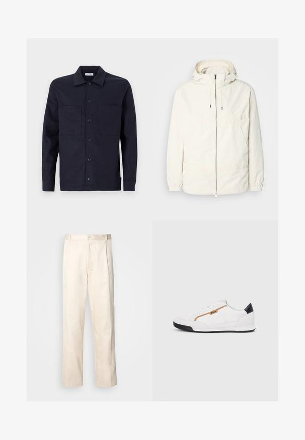 Lahka, svetločrna jakna s kapuco, z zadrgo spredaj, elastičnimi manšetami in kenguru žepom. Gladka tkanina z minimalnimi šivi.; Mornarska srajca z gumbi, klasičnim ovratnikom, dvema sprednjima žepoma, dolgimi rokavi in gladko teksturo bombaža.; Bež cottone hlače s ravnim krojem, ki imajo gumbasto zapiranje in nabore spredaj za dodatne detajle.; Bele športne čevlje z mrežnimi in usnjenimi detajli. Opremljeni so z zlatim logotipom "BOSS", teksturiranimi stranskimi paneli in črnim kapcom na peti. Guma podplat.