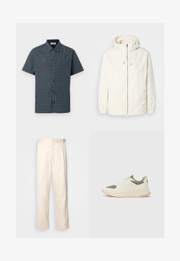 Gaisas, krēmkrāsas jaka ar kapuci, ar rāvējslēdzēju priekšpusē, elastīgām aprocēm un kangaroo kabatu. Gluda auduma virsma ar minimālām šuvju detaļām.; Īss piedurkņu krekls tumši zilā krāsā ar baltu zāģveida rakstu. Aprīkots ar klasisku apkakli un priekšpusē pogu aizdari. Gluda auduma tekstūra.; Bežā krāsā auduma bikses ar taisnu kāju griezumu, pievienotām pogu aizdares un priekšējiem krokām papildu detaļām.; Baltas un gaiši bež sporta apavi, ar sieta augšdaļu, perforētiem detaļām un teksturētu vidusdaļu ar zīmolu uz papēža.