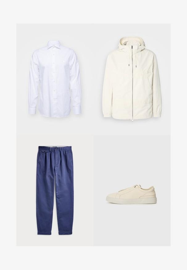 Lightweight, cream-colored jacket with a hood, zip front, elastic cuffs, and a kangaroo pocket. Smooth fabric with minimal stitching details.; White button-up shirt made of cotton. Features long sleeves, a pointed collar, and a small embroidered logo on the chest. Smooth texture.; Navy cotton trousers with a relaxed fit, featuring pleats at the front, two side pockets, and a button closure at the waist.; Beige leather sneaker with a rounded toe, minimalistic design, subtle stitching details, and a textured upper, on a light sole.