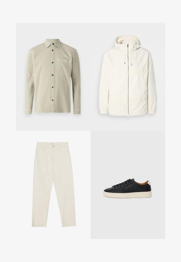Lehká, krémově zbarvená bunda s kapucí, zipem vpředu, elastickými manžetami a klokaní kapsou. Hladká látka s minimem švových detailů.; Košile s dlouhým rukávem v světle béžové látce. Má špičatý límec, kapsu na hrudi a černé knoflíky. Jednoduchý, strukturovaný design.; Béžové džínové kalhoty s rovnými nohavicemi, obsahující pět kapes, zapínání na knoflík a jemné detaily šití. Hladká textura.; Černé kožené tenisky s hladkým povrchem, béžovou gumovou podešví, šněrovacím designem a kontrastním akcentem na patě.