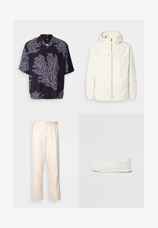 Kerge, kreemivärvi jakk, kapuutsiga, lukuga ees, elastsete mansettide ja känguru taskuga. Sile kangas minimaalsete õmblusdetailidega.; Lühikeste varrukatega must särk, millel on valged korallilaadsed mustrid, nööpidega esiosa ja terav krae. Pehme kangas ja mugav lõige.; Beesidised puuvillased püksid sirge jala lõikega, mis on varustatud nööpkinnituse ja ees olevate voltidega, et lisada detaili.; Valged tennisesid, millel on võrgust ja sünteetilisest materjalist ülemine osa, ümar varvas, lamedad paelad ja tekstureeritud külgmine triip. Kummist tallaosa, tagaküljel tõmbetab.