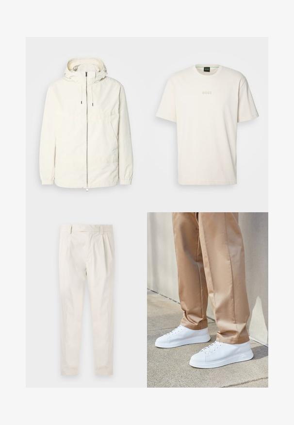 Lagani, kremasti kaput s kapuljačom, zatvaranjem na zip, elastičnim manžetama i kengur džepom. Glatka tkanina s minimalnim detaljima šivanja.; BOSS TEE - Osnovna majica kratkih rukava - open white; Bijele, naborane hlače s krojem po mjeri, koje imaju glatku teksturu, petlje za pojas i sužene nogavice. Nema vidljivih džepova ili uzoraka.; Bijele kožne tenisice s glatkom završnom obradom, okruglim prstima, bijelim vezicama i minimalističkim dizajnom. Uparene s svijetlosmešanjim, suženim hlačama.