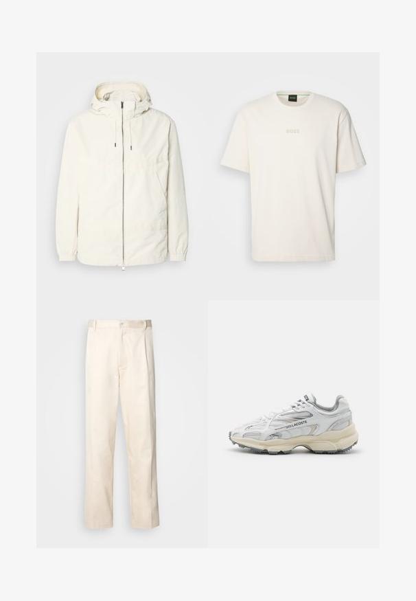 Lengvas, kreminės spalvos švarkas su kapišonu, užtrauktuku priekyje, elastingomis rankovėmis ir kengūros kišene. Lygus audinys su minimaliais siūlių detalėmis.; BOSS TEE - Paprasti marškinėliai - open white; Bežinės medvilninės kelnės su tiesiu kirpimu, turinčios mygtuko uždarymą ir priekyje raukšles papildomai dekoratyviam akcentui.; Baltos sportiniai batai su pilkais akcentais, tinklelio ir sintetinės medžiagos viršus, raištelių dizainas ir tekstūruota guminė padanga su sukibimo raštais.