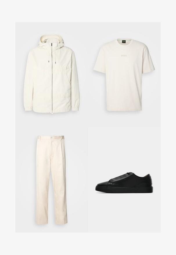 Kerge, kreemivärvi jakk, kapuutsiga, lukuga ees, elastsete mansettide ja känguru taskuga. Sile kangas minimaalsete õmblusdetailidega.; BOSS TEE - Lihtne T-särk - open white; Beesidised puuvillased püksid sirge jala lõikega, mis on varustatud nööpkinnituse ja ees olevate voltidega, et lisada detaili.; Musthave musta madal sneaker sile pehmeast nahast ülemisest osast, minimaalse õmblusega ja kummist tallaga, kujutatud profiilis valgel taustal.