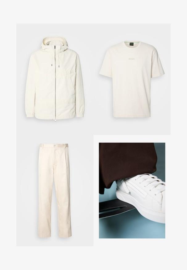 Ελαφριά, κρεμ τζάκετ με κουκούλα, φερμουάρ μπροστά, ελαστικούς μανσέτες και τσέπη καγκουρό. Λείο ύφασμα με ελάχιστες ραφές.; BOSS TEE - Βασικό μπλουζάκι - open white; Μπεζ βαμβακερό παντελόνι με ίσια γραμμή, διαθέτει κουμπί κλεισίματος και πτυχές στο μπροστινό μέρος για επιπλέον λεπτομέρεια.; Λευκό δερμάτινο αθλητικό παπούτσι με υφή, επίπεδες κορδόνια και πλευρική σήμανση, τοποθετημένο πάνω σε μεταλλικό σκέιτ σε μπλε φόντο.