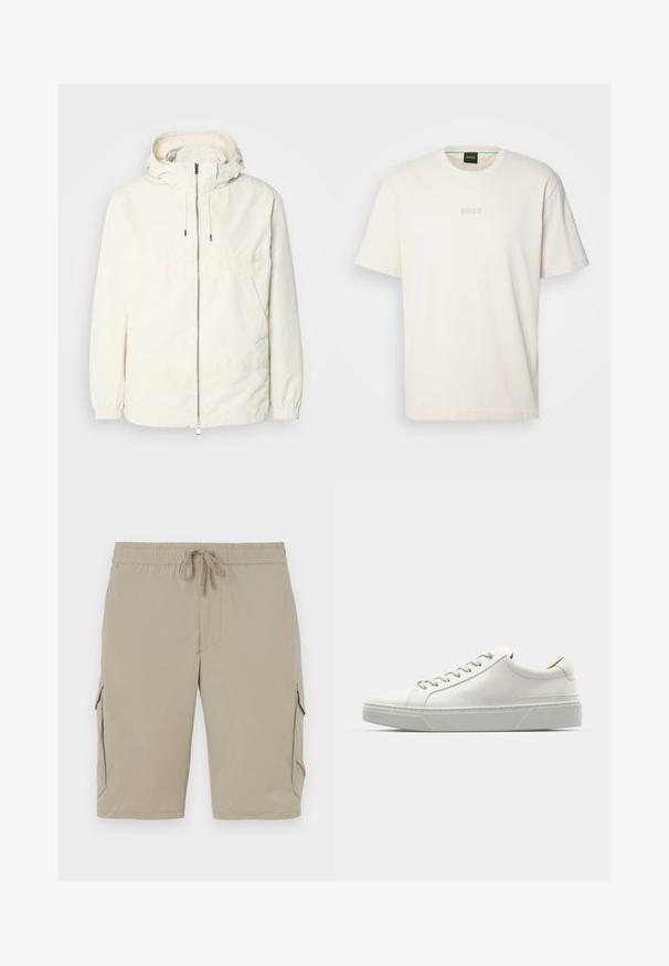 Lengvas, kreminės spalvos švarkas su kapišonu, užtrauktuku priekyje, elastingomis rankovėmis ir kengūros kišene. Lygus audinys su minimaliais siūlių detalėmis.; BOSS TEE - Paprasti marškinėliai - open white; Šviesiai rudos spalvos cargo šortai su elastinga juosmena ir raišteliu. Turi šonines kišenes ir lygią, lengvą medžiagą.; Baltos odinės sportinės bateliai su apvaliu nosiu, minimalizmo dizainu, pilkais raišteliais ir tekstūruota pilka guma. Matomi subtilūs siuvinėjimo detalės.