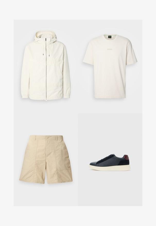 Ľahká, krémová bunda s kapucňou, zipsom vpredu, elastickými manžetami a klokannou vreckom. Hladká tkanina s minimálnymi stehovými detailmi.; BOSS TEE - Základné tričko - open white; Béžové šortky s textúrovaným dokončením, s predným zapínaním na gombík, dvoma bočnými vreckami a malým logom na dolnom pravom rohu.; Pánske nízkopoložené tenisky z čiernej kože a semisuku s vínovým pätovým pásikom a bielou gumovou podrážkou, zobrazené z vonkajšej strany.