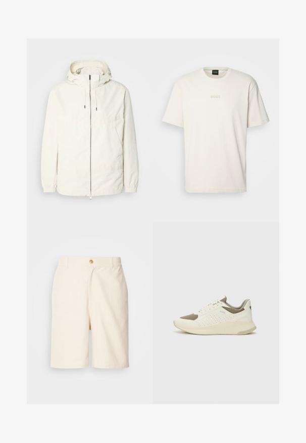 Lekka, kremowa kurtka z kapturem, zapinana na zamek, z elastycznymi mankietami i kieszenią typu kangur. Gładki materiał z minimalnymi detalami szwów.; BOSS - T-shirt basic; Les Deux JOHNNY mleczny; Białe i jasnobeżowe sneakersy sportowe, z siateczkową cholewką, perforowanymi detalami oraz teksturowaną podeszwą śródstopia z brandingiem na pięcie.