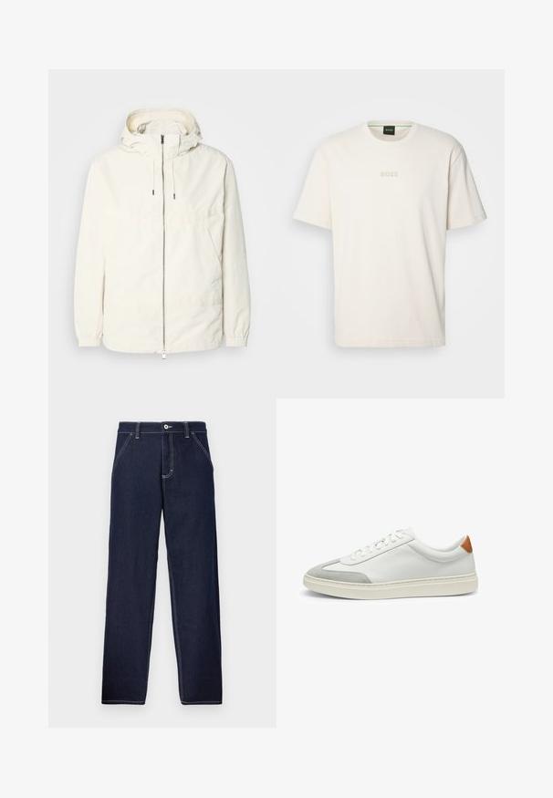 Kevyt, kermaisen valkoinen takki, jossa on huppu, vetoketjusuljenta, joustavat hihansuut ja kengurupocket. Sujuva kangas, jossa on minimaalista ompelutapaa.; BOSS TEE - T-paita - open white; Tummansiniset farkut suoran lahkeen suunnittelulla, joissa on kontrastiväriset saumat, nappisuljenta ja perinteinen viisi-taskumalli.; Valkoiset nahkakengät, joissa on harmaat mikrokuituakkentit ja vaaleanruskea nahkakanta. Ominaisuuksiin kuuluu teksturoitu pinta ja kevyt pohja.