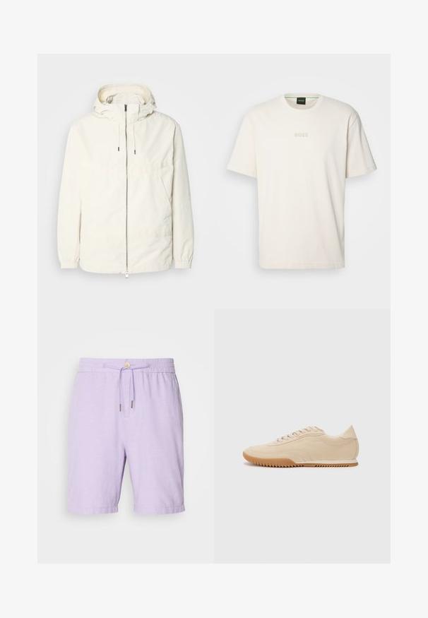 Ľahká, krémová bunda s kapucňou, zipsom vpredu, elastickými manžetami a klokannou vreckom. Hladká tkanina s minimálnymi stehovými detailmi.; BOSS TEE - Základné tričko - open white; Fialové ľanové šortky s elastickým pásom, sťahovacou šnúrkou a dvoma bočnými vreckami. Majú voľný strih a lemované manžety.; Béžové semišové tenisky s elegantným dizajnom, ktoré majú štruktúrovaný zvršok, zaoblenú špičku a gumovú podošvu so zigzagovým vzorom.