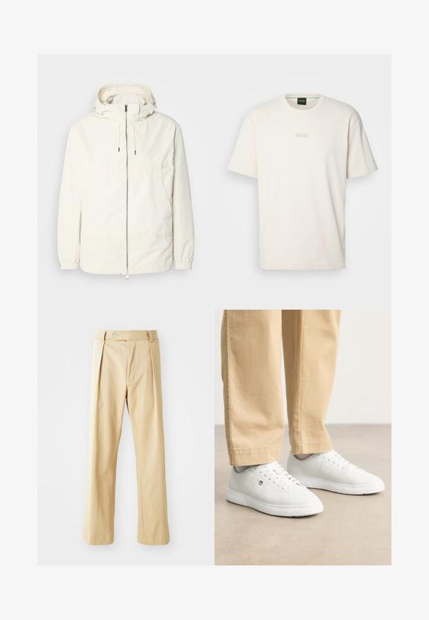 Lekka, kremowa kurtka z kapturem, zapinana na zamek, z elastycznymi mankietami i kieszenią typu kangur. Gładki materiał z minimalnymi detalami szwów.; BOSS - T-shirt basic; Beżowe spodnie o prostym kroju nogawki, z przodu z zakładkami, zapinane na guzik i o gładkiej fakturze. Bez widocznych wzorów ani akcentów.; Białe skórzane sneakersy o gładkim wykończeniu, z okrągłym noskiem, sznurowanym designem i subtelnym logo po boku, w połączeniu z beżowymi spodniami.