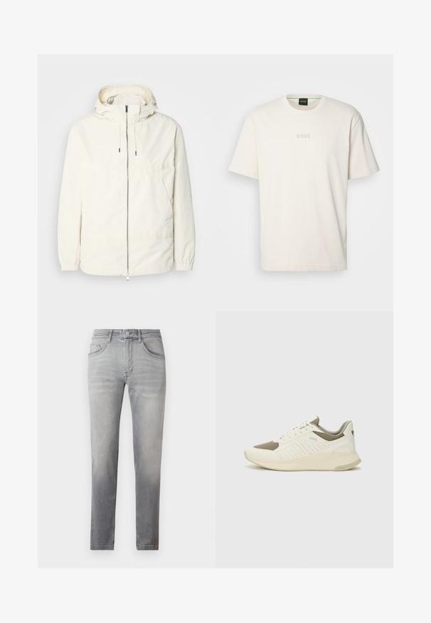 Lehká, krémově zbarvená bunda s kapucí, zipem vpředu, elastickými manžetami a klokaní kapsou. Hladká látka s minimem švových detailů.; BOSS TEE - Jednoduché tričko - open white; Šedé džíny z denimu se slim fit, středně vysokým pasem, pěti kapsami a decentním vyblednutím po celé ploše. Klasické prošívání podél švů.; Bílé a světle béžové atletické tenisky, které mají síťovaný svršek, perforované detaily a texturovanou mezipodešev s logem na patě.