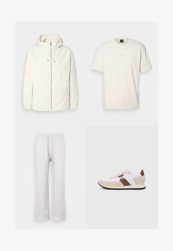 Lightweight, cream-colored jacket with a hood, zip front, elastic cuffs, and a kangaroo pocket. Smooth fabric with minimal stitching details.; BOSS TEE - Basic T-shirt - open white; Light grey, loose-fit pants in smooth fabric with an elastic waistband and drawstring. Straight legs with subtle pleats, no visible patterns.; Sneakers featuring a mix of white mesh and beige suede, with a brown leather accent. Rounded toe, flat rubber sole, and lace-up design.