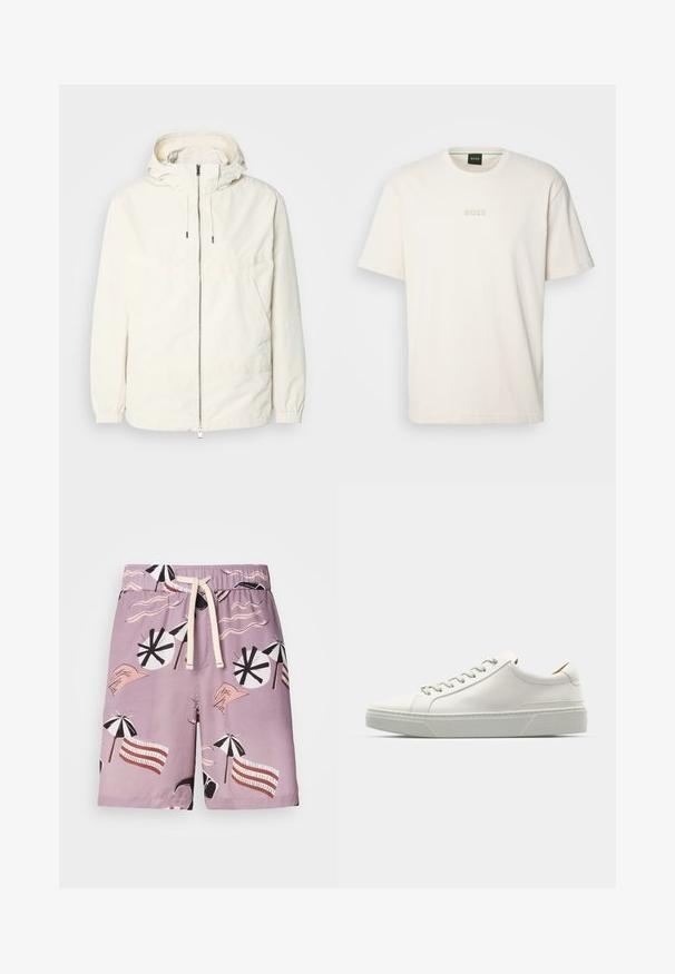 Veste légère de couleur crème avec capuche, fermeture éclair sur le devant, poignets élastiques et poche kangourou. Tissu lisse avec des détails de couture minimaux.; BOSS TEE - T-shirt basique - open white; Maillots de bain en tissu violet clair, ornés d'un motif graphique de parasols de plage, de lignes ondulées et de mains stylisées dans des couleurs contrastées.; Baskets en cuir blanc avec un bout arrondi, design minimaliste, lacets gris et semelle en caoutchouc gris texturé. Détails de couture subtils visibles.