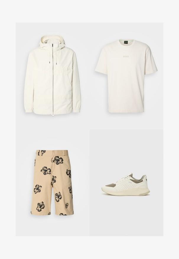 Lichte, crèmekleurige jas met een capuchon, rits aan de voorkant, elastische manchetten en een kangoeroezak. Glad materiaal met minimale stikdetails.; BOSS TEE - T-shirt basic - open white; Beige shorts met zwart hibiscus bloemenpatroon. Voorzien van een elastische tailleband en een logodetail aan de onderkant. Gemaakt van lichtgewicht stof.; Witte en lichtbeige sport sneaker, met een bovenwerk van mesh, geperforeerde details en een gestructureerde tussenzool met branding op de hiel.