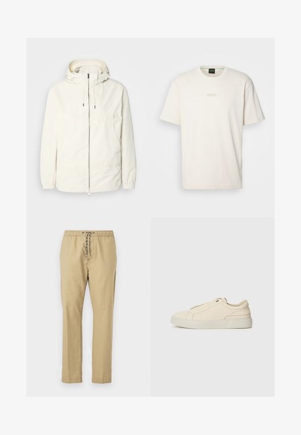 Leichte, cremefarbene Jacke mit Kapuze, Reißverschluss vorne, elastischen Bündchen und einer Kängurutasche. Glattes Gewebe mit minimalen Nähdetails.; BOSS TEE - T-Shirt basic - open white; Beige Hosen mit einem elastischen Bund, verstellbarem Kordelzug, geraden Beinen und einer leichten Stofftextur.; Beige Leder Sneaker mit runder Zehenpartie, minimalistischem Design, subtilen Nähten und strukturiertem Obermaterial auf einer hellen Sohle.