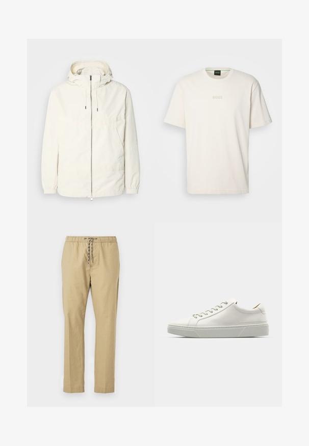 Leichte, cremefarbene Jacke mit Kapuze, Reißverschluss vorne, elastischen Bündchen und einer Kängurutasche. Glattes Gewebe mit minimalen Nähdetails.; BOSS TEE - T-Shirt basic - open white; Beige Hosen mit einem elastischen Bund, verstellbarem Kordelzug, geraden Beinen und einer leichten Stofftextur.; Weißes Leder-Sneaker mit abgerundetem Zehenbereich, minimalistisches Design, graue Schnürsenkel und einer strukturierten grauen Gummisohle. Dezente Nähte sichtbar.