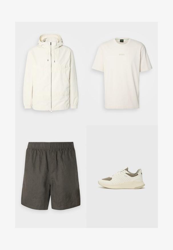 Lightweight, cream-colored jacket with a hood, zip front, elastic cuffs, and a kangaroo pocket. Smooth fabric with minimal stitching details.; BOSS TEE - Basic T-shirt - open white; Dark grey linen shorts with an elastic waistband, featuring a simple design and straight cut, finished with side slit pockets.; White and light beige athletic sneaker, featuring a mesh upper, perforated detailing, and a textured midsole with branding on the heel.