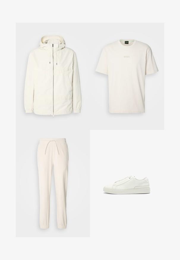 Leichte, cremefarbene Jacke mit Kapuze, Reißverschluss vorne, elastischen Bündchen und einer Kängurutasche. Glattes Gewebe mit minimalen Nähdetails.; BOSS TEE - T-Shirt basic - open white; BOSS LARSEN - Stoffhose - open white; Weiße Leder-Sneaker mit strukturierter Oberseite, runder Zehenform, minimalistischem Design und Gummisohle mit gestickten Details.