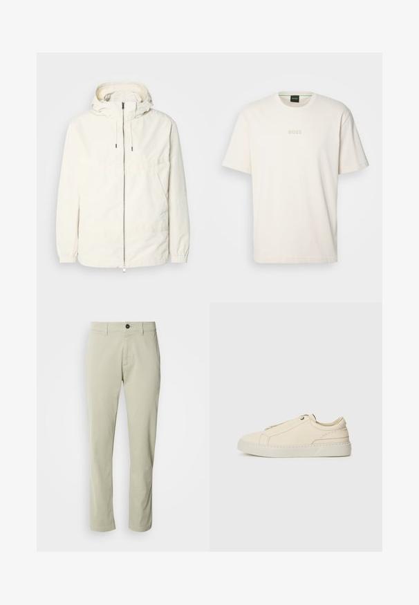 Kerge, kreemivärvi jakk, kapuutsiga, lukuga ees, elastsete mansettide ja känguru taskuga. Sile kangas minimaalsete õmblusdetailidega.; BOSS TEE - Lihtne T-särk - open white; Beez värvi puuvillased chinod sirge lõikega, tõmblukuga ja ühe nööriga kinni. Omab vöökotte ja siledat tekstuuri.; Beige nahkased kingad ümmarguse varbaga, minimalistlik disain, peened õmbluse detailid ja tekstureeritud pealispind, heledal tallal.