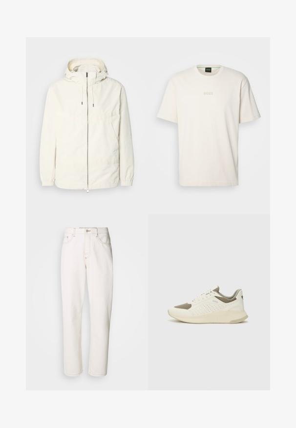 Lightweight, cream-colored jacket with a hood, zip front, elastic cuffs, and a kangaroo pocket. Smooth fabric with minimal stitching details.; BOSS TEE - Basic T-shirt - open white; White denim jeans with a straight leg design, featuring stitched seams, a metal button closure, and standard five-pocket construction.; White and light beige athletic sneaker, featuring a mesh upper, perforated detailing, and a textured midsole with branding on the heel.