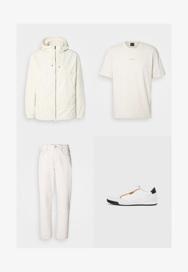Lightweight, cream-colored jacket with a hood, zip front, elastic cuffs, and a kangaroo pocket. Smooth fabric with minimal stitching details.; BOSS TEE - Basic T-shirt - open white; White denim jeans with a straight leg design, featuring stitched seams, a metal button closure, and standard five-pocket construction.; White athletic shoes with mesh and leather accents. Features a gold "BOSS" logo, textured side panels, and a black heel cap. Rubber sole.