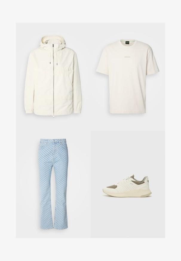Lengvas, kreminės spalvos švarkas su kapišonu, užtrauktuku priekyje, elastingomis rankovėmis ir kengūros kišene. Lygus audinys su minimaliais siūlių detalėmis.; BOSS TEE - Paprasti marškinėliai - open white; HUGO NATE - Laisvo kirpimo džinsai - light/pastel blue; Baltas ir šviesiai bežinis sportinis kedas, su tinklo viršumi, perforuotais detalėmis ir tekstūruotu tarpine su logotipu ant kulno.