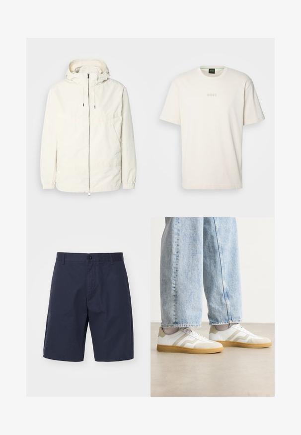 Veste légère de couleur crème avec capuche, fermeture éclair sur le devant, poignets élastiques et poche kangourou. Tissu lisse avec des détails de couture minimaux.; BOSS TEE - T-shirt basique - open white; Shorts bleu marine en tissu léger avec fermeture à bouton, poches latérales, coupe droite et détails de couture visibles.; Baskets blanches avec des accentuations en daim beige et des semelles en caoutchouc clair ; présente un design low-top et des détails texturés sur la tige.