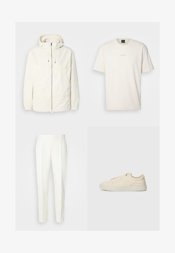 Leichte, cremefarbene Jacke mit Kapuze, Reißverschluss vorne, elastischen Bündchen und einer Kängurutasche. Glattes Gewebe mit minimalen Nähdetails.; BOSS TEE - T-Shirt basic - open white; Weiße, maßgeschneiderte Hose mit geradem Bein, die vorne Falten aufweist und eine glatte Textur hat. Keine sichtbaren Taschen oder Verzierungen.; Beige Leder Sneaker mit runder Zehenpartie, minimalistischem Design, subtilen Nähten und strukturiertem Obermaterial auf einer hellen Sohle.