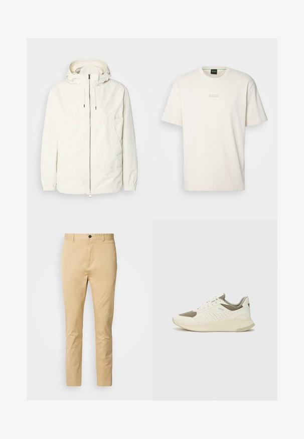 Chaqueta ligera de color crema con capucha, cierre de cremallera en la parte delantera, puños elásticos y un bolsillo tipo canguro. Tejido suave con detalles de costura mínimos.; BOSS TEE - Camiseta básica - open white; Chinos beige de algodón con una textura suave. Incluyen un cierre de botón, pasadores para cinturón y se estrechan hacia el tobillo.; Zapatilla deportiva en blanco y beige claro, con parte superior de malla, detalles perforados y una mediasuela texturizada con la marca en el talón.