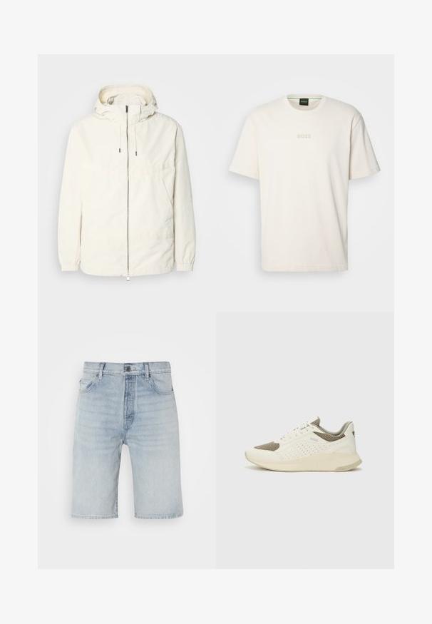 Lightweight, cream-colored jacket with a hood, zip front, elastic cuffs, and a kangaroo pocket. Smooth fabric with minimal stitching details.; BOSS TEE - Basic T-shirt - open white; Light blue denim shorts with a straight cut. Features a button fastening, five pockets, and subtle fading on the fabric.; White and light beige athletic sneaker, featuring a mesh upper, perforated detailing, and a textured midsole with branding on the heel.