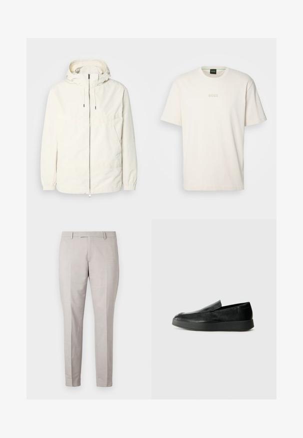 Letthvægts, cremefarvet jakke med hætte, lynlås fortil, elastiske manchetter og en kengurulomme. Glat stof med minimale stingdetaljer.; BOSS TEE - T-shirts basic - open white; Lysegrå bukser lavet af glat stof, med flad front, lige ben og en skræddersyet talje med bæltesløjfer.; Calvin Klein HYBRID CUP - Loafers - triple black