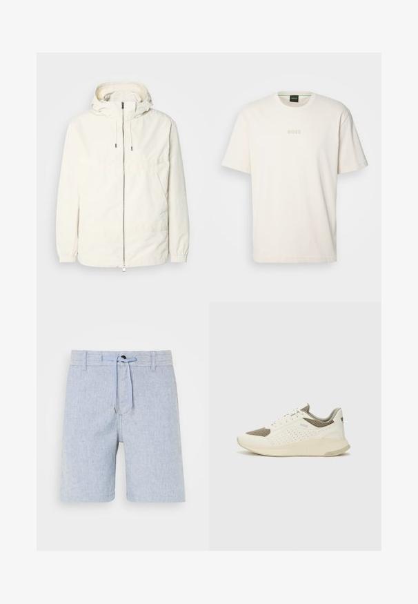 Lightweight, cream-colored jacket with a hood, zip front, elastic cuffs, and a kangaroo pocket. Smooth fabric with minimal stitching details.; BOSS TEE - Basic T-shirt - open white; Light blue linen shorts with a drawstring waist, a single button closure, and subtle texture. Knee-length design with no visible patterns.; White and light beige athletic sneaker, featuring a mesh upper, perforated detailing, and a textured midsole with branding on the heel.