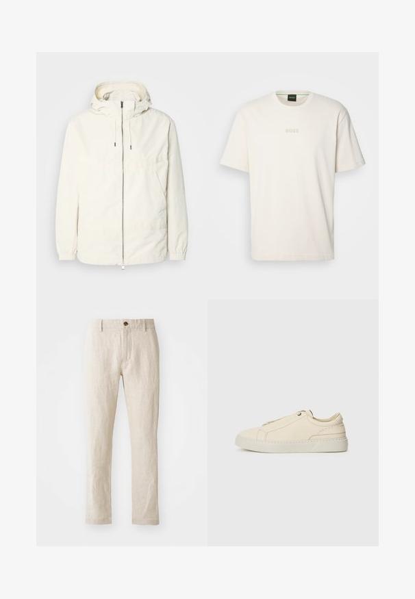 Lichte, crèmekleurige jas met een capuchon, rits aan de voorkant, elastische manchetten en een kangoeroezak. Glad materiaal met minimale stikdetails.; BOSS TEE - T-shirt basic - open white; Beige linnen broek met een slim fit, voorzien van een enkele bruine knoopsluiting, rechte pijpen en een gestructureerde stofafwerking.; Beige leren sneaker met een ronde neus, minimalistisch ontwerp, subtiele stikdetails en een gestructureerde bovenkant, op een lichte zool.