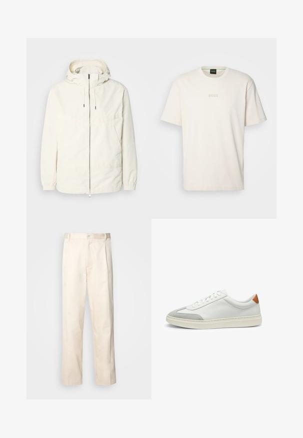 Leichte, cremefarbene Jacke mit Kapuze, Reißverschluss vorne, elastischen Bündchen und einer Kängurutasche. Glattes Gewebe mit minimalen Nähdetails.; BOSS TEE - T-Shirt basic - open white; Beige Baumwollhose mit geradem Bein, ausgestattet mit einem Knopfverschluss und Falten an der Vorderseite für zusätzliche Details.; Weiße Leder-Sneaker mit grauen Wildlederakzenten und einer sandfarbenen Lederfersenschlaufe. Sie verfügen über eine strukturierte Oberfläche und eine leichte Sohle.
