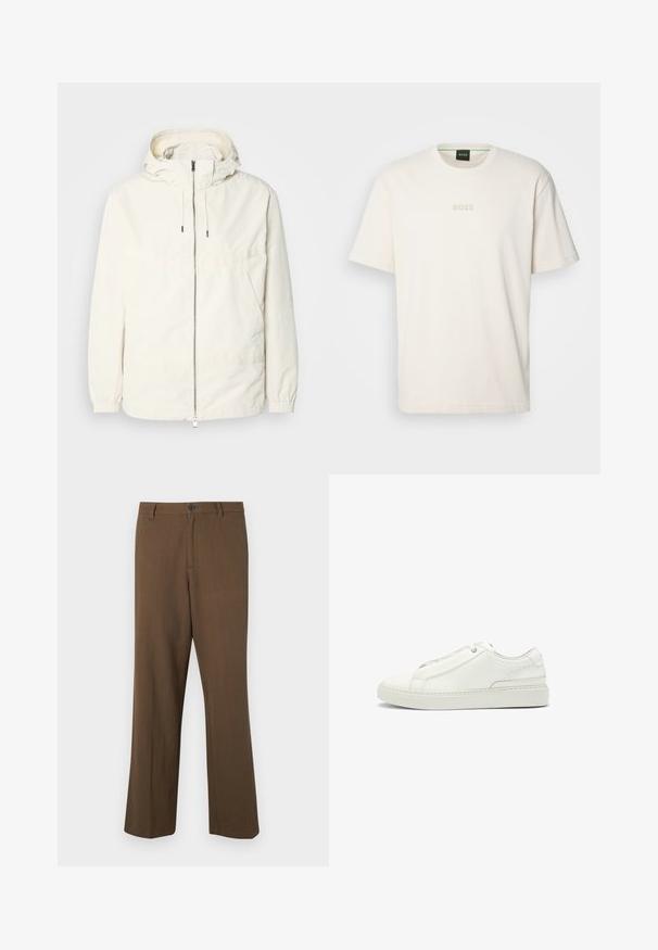 Lichte, crèmekleurige jas met een capuchon, rits aan de voorkant, elastische manchetten en een kangoeroezak. Glad materiaal met minimale stikdetails.; BOSS TEE - T-shirt basic - open white; Bruine, rechte broek gemaakt van gestructureerde stof, met een knoopsluiting en standaard tailleband, zijzakken en tailleurnaden.; Witte leren sneaker met een gestructureerde bovenkant, een ronde neus, minimalistisch ontwerp en een rubberen zool met gestikte details.