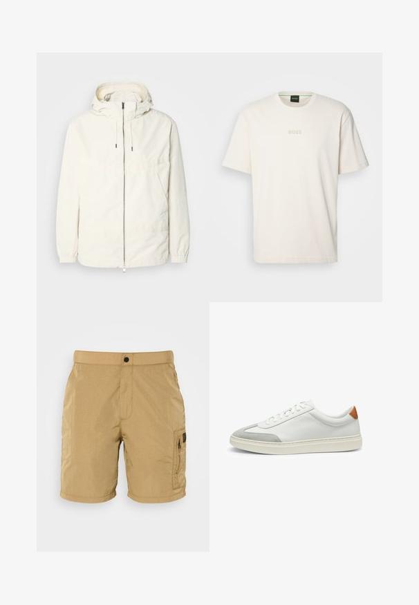 Leichte, cremefarbene Jacke mit Kapuze, Reißverschluss vorne, elastischen Bündchen und einer Kängurutasche. Glattes Gewebe mit minimalen Nähdetails.; BOSS TEE - T-Shirt basic - open white; Hellbeige, leichte Shorts mit einer strukturierten Oberfläche, einer Vordertasche und einer seitlichen Cargo-Tasche mit einem schwarzen Reißverschluss und Branding-Details.; Weiße Leder-Sneaker mit grauen Wildlederakzenten und einer sandfarbenen Lederfersenschlaufe. Sie verfügen über eine strukturierte Oberfläche und eine leichte Sohle.