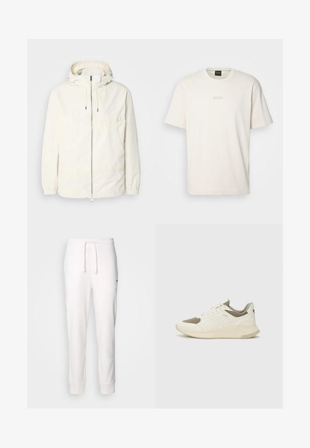 Lichte, crèmekleurige jas met een capuchon, rits aan de voorkant, elastische manchetten en een kangoeroezak. Glad materiaal met minimale stikdetails.; BOSS TEE - T-shirt basic - open white; Witte katoenen sweatpants met een elastische tailleband, een trekkoord en ribbelmanchetten. Heeft een klein zwart logo aan de zijkant.; Witte en lichtbeige sport sneaker, met een bovenwerk van mesh, geperforeerde details en een gestructureerde tussenzool met branding op de hiel.