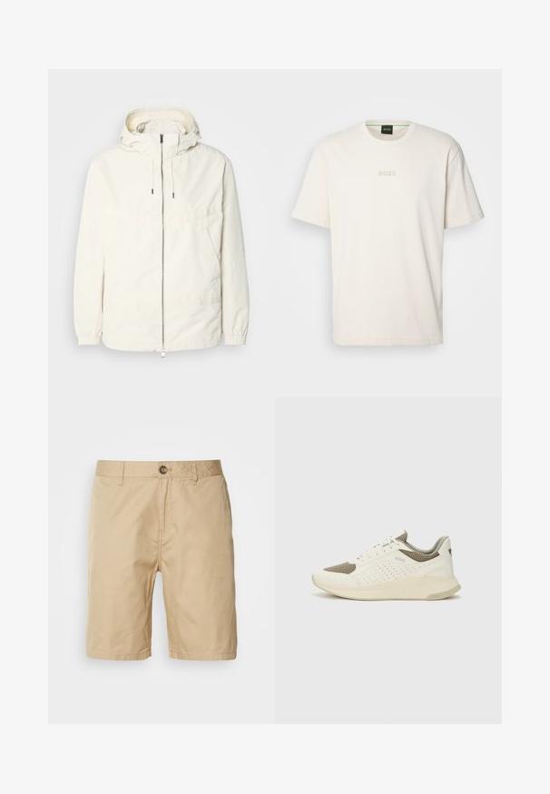 Ľahká, krémová bunda s kapucňou, zipsom vpredu, elastickými manžetami a klokannou vreckom. Hladká tkanina s minimálnymi stehovými detailmi.; BOSS TEE - Základné tričko - open white; Scotch & Soda STUART - Šortky - seastone; Biele a svetlo béžové športové tenisky s hornou časťou z mriežkového materiálu, perforovanými detailmi a textúrovanou medzipodrážkou s logom na päte.