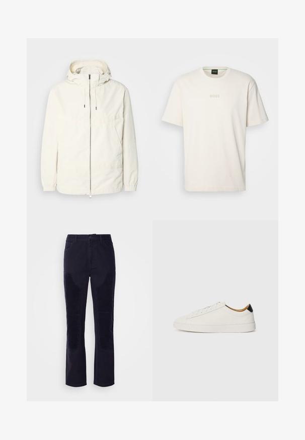Lengvas, kreminės spalvos švarkas su kapišonu, užtrauktuku priekyje, elastingomis rankovėmis ir kengūros kišene. Lygus audinys su minimaliais siūlių detalėmis.; BOSS TEE - Paprasti marškinėliai - open white; Tamsiai mėlynos korduroy kelnės, pasižyminčios lygiu audiniu, tiesiomis kojomis ir horizontaliomis raizginėmis ant priekinių kišenių, suteikiančiomis papildomo tekstūros.; Balti sportbačiai su lygia oda, apvalia pirštine ir plokščiu padu. Juodas akcentas prie kulno, su toniniais raišteliais ir minimaliais prekių ženklais.