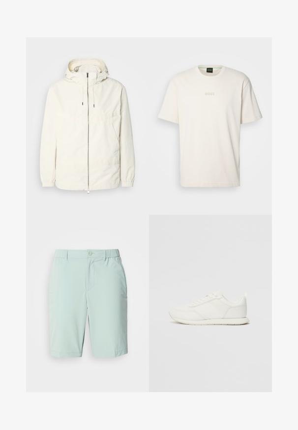 Lehká, krémově zbarvená bunda s kapucí, zipem vpředu, elastickými manžetami a klokaní kapsou. Hladká látka s minimem švových detailů.; BOSS TEE - Jednoduché tričko - open white; Světle modré šortky vyrobené z hladké látky, s knoflíkovým zapínáním, předními kapsami a pohodlným pasem bez viditelných vzorů.; Bílé tenisky s vrchní částí z síťoviny a syntetického materiálu, kulatou špičkou, plochými tkaničkami a texturovaným bočním pruhem. Gumová podrážka s poutkem vzadu.
