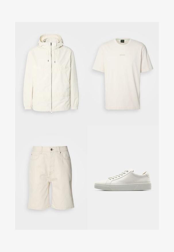 Gaisas, krēmkrāsas jaka ar kapuci, ar rāvējslēdzēju priekšpusē, elastīgām aprocēm un kangaroo kabatu. Gluda auduma virsma ar minimālām šuvju detaļām.; BOSS TEE - Pamata T-krekls - open white; Bežu džinsa šorti ar taisnu piegriezumu, piecām kabatām un priekšējo pogu aizdari. Mazliet teksturēts audums ar redzamām šuvēm.; Bālā ādas sporta apavi ar noapaļotu purngala formu, minimālisma dizains, pelēkās šņores un teksturēta pelēka gumijas zole. Redzami smalki dūriena detalizējumi.