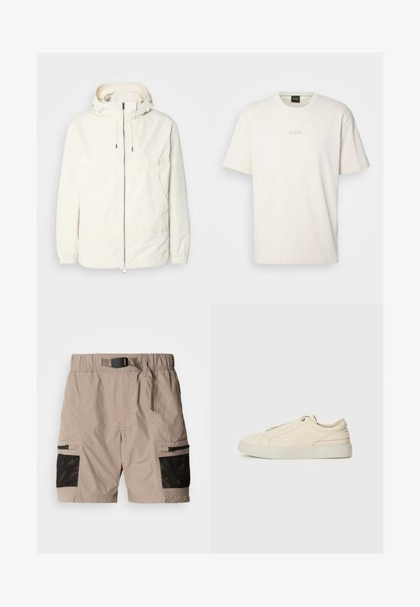 Gaisas, krēmkrāsas jaka ar kapuci, ar rāvējslēdzēju priekšpusē, elastīgām aprocēm un kangaroo kabatu. Gluda auduma virsma ar minimālām šuvju detaļām.; BOSS TEE - Pamata T-krekls - open white; Beige kravu īsās bikses ar teksturētu audumu, melnu sietu paneļu akcentiem, elastīgu jostu un sānu kabatām ar rāvējslēdzējiem.; Bežīga ādas kedas ar noapaļotu purngalu, minimālistisku dizainu, smalkiem stīgām un teksturētu virsmu uz gaišas zoles.